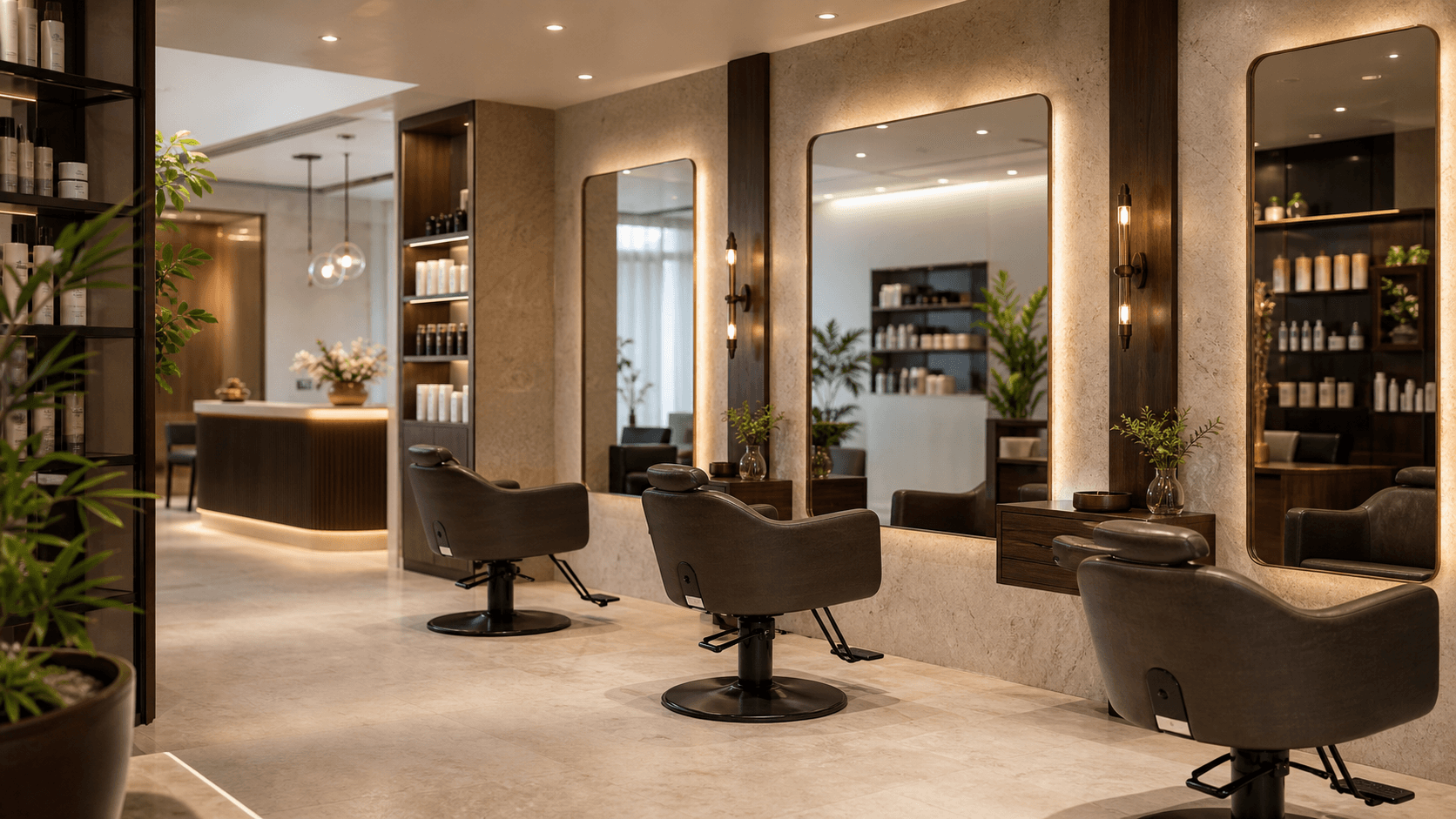 A warmly lit premium hair salon interior