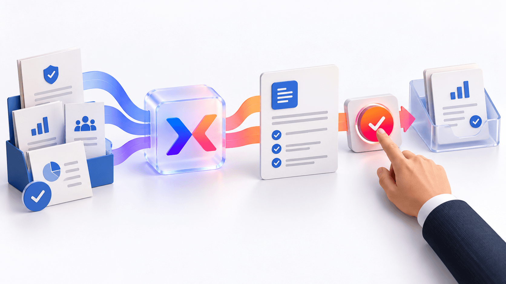 Approved company information enters an AI workflow that prepares an output for human approval and records a receipt