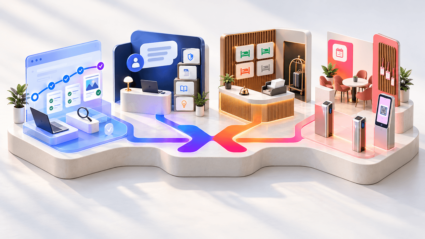 Four connected product areas for AI testing employee knowledge hotel operations and event management